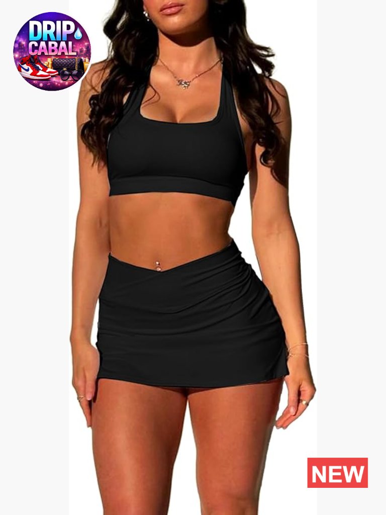 Women's Two Piece Tennis Skirt Set With Built-In Shorts, Halter Top, High Waist
